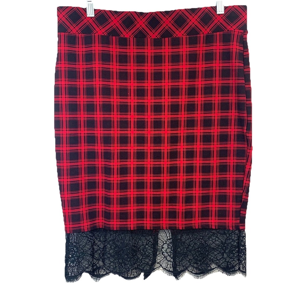 Torrid 0 Red Plaid Pencil Skirt Large Pull On Lace Hem Trim‎ Stretch Work Casual